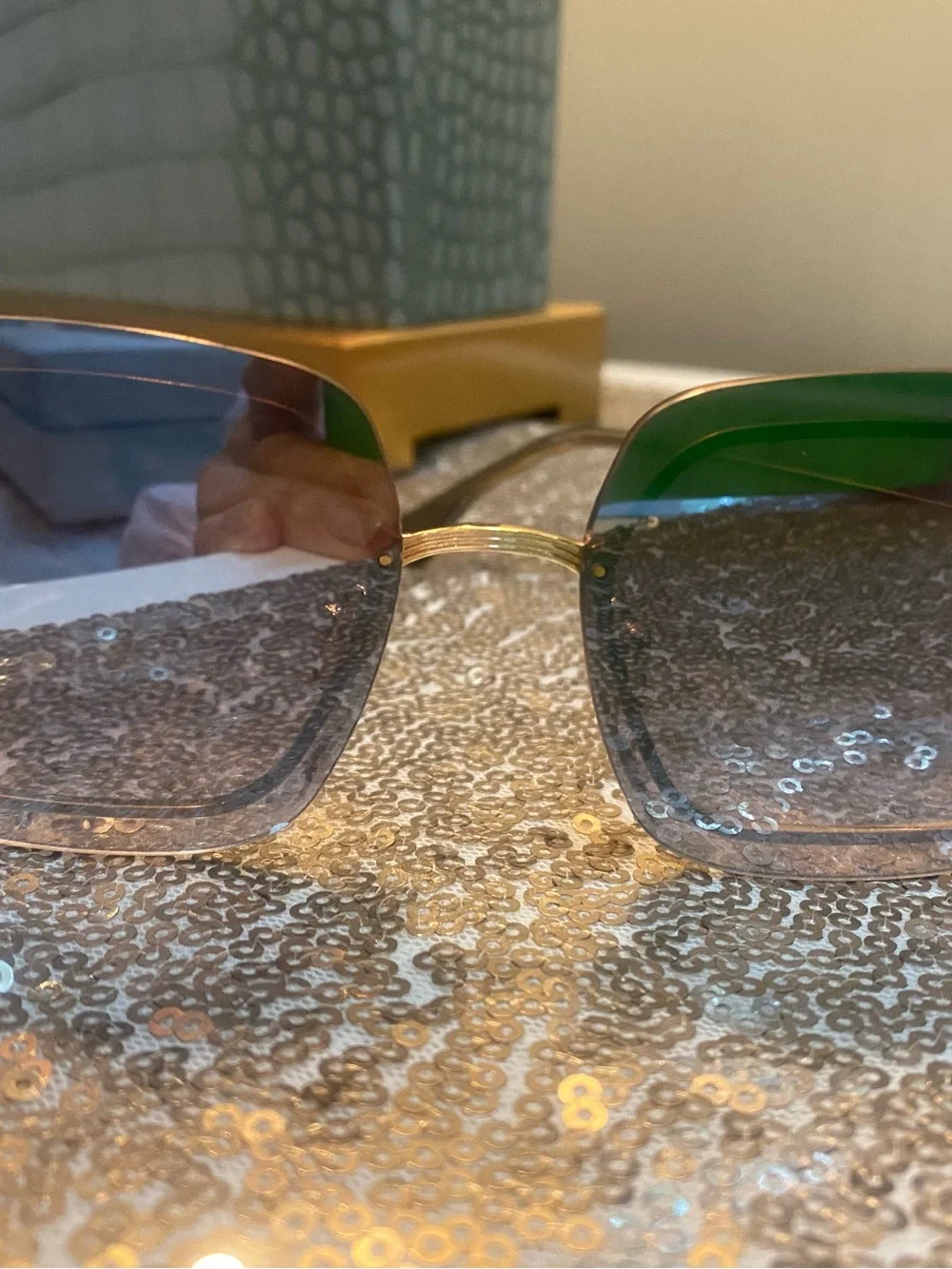 Krewe Green and Gold Square Women's Rimless Sunglasses